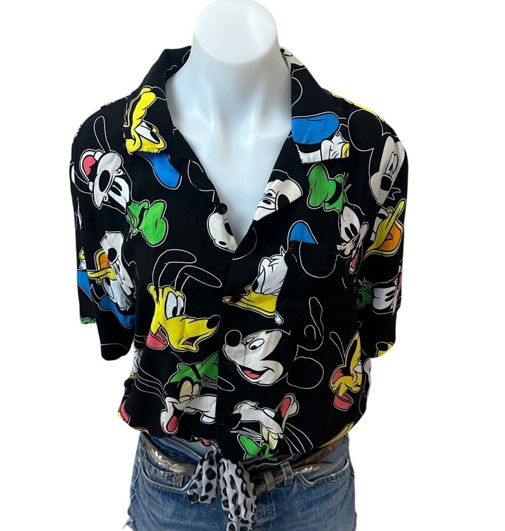 Hawaiian Mickey Mouse Tropical Shirt Button Down Crop Top One Size Oversized